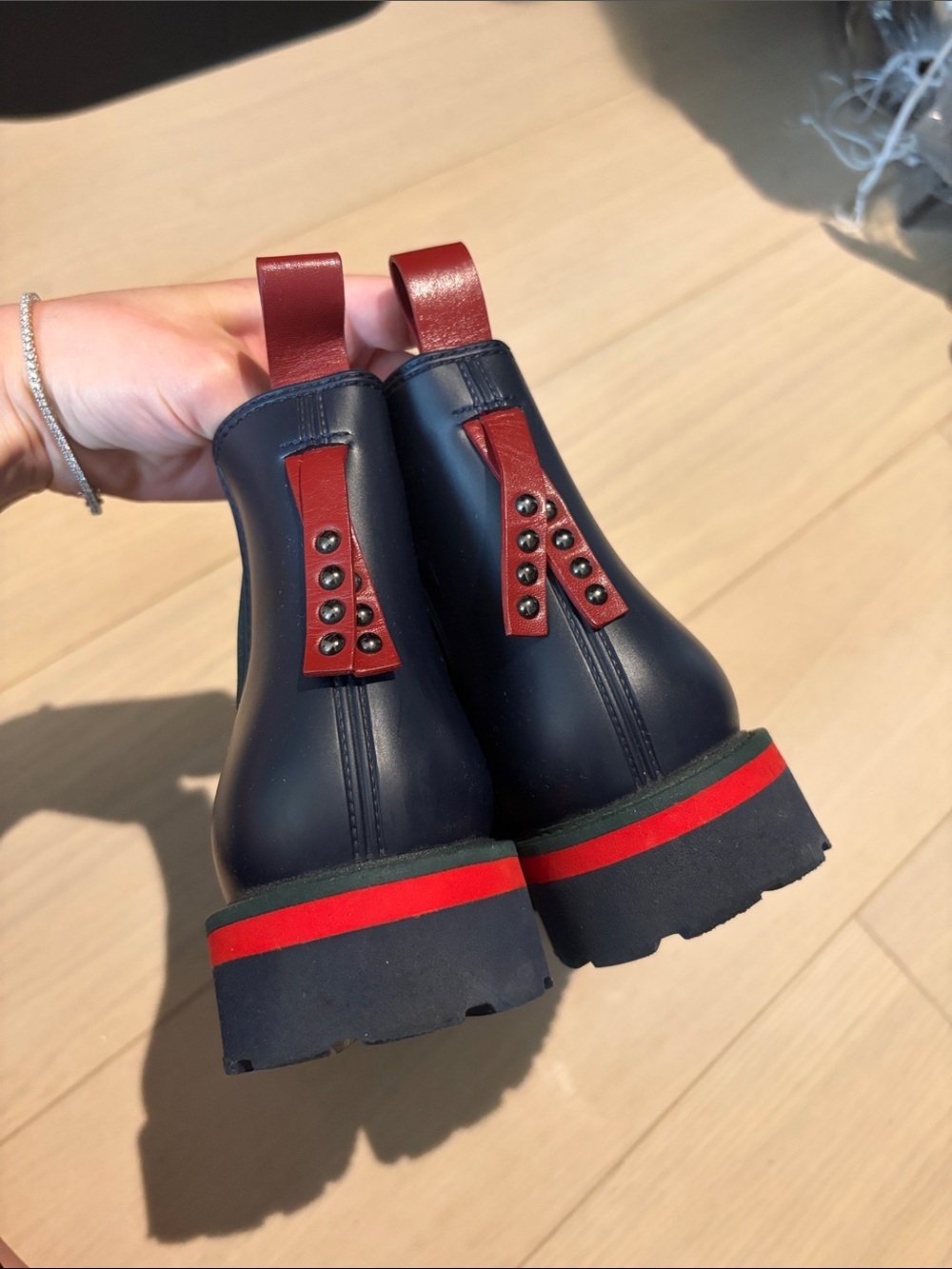 Blue Chelsea Boots with Red Pull Tabs and Red Accent (US 8)